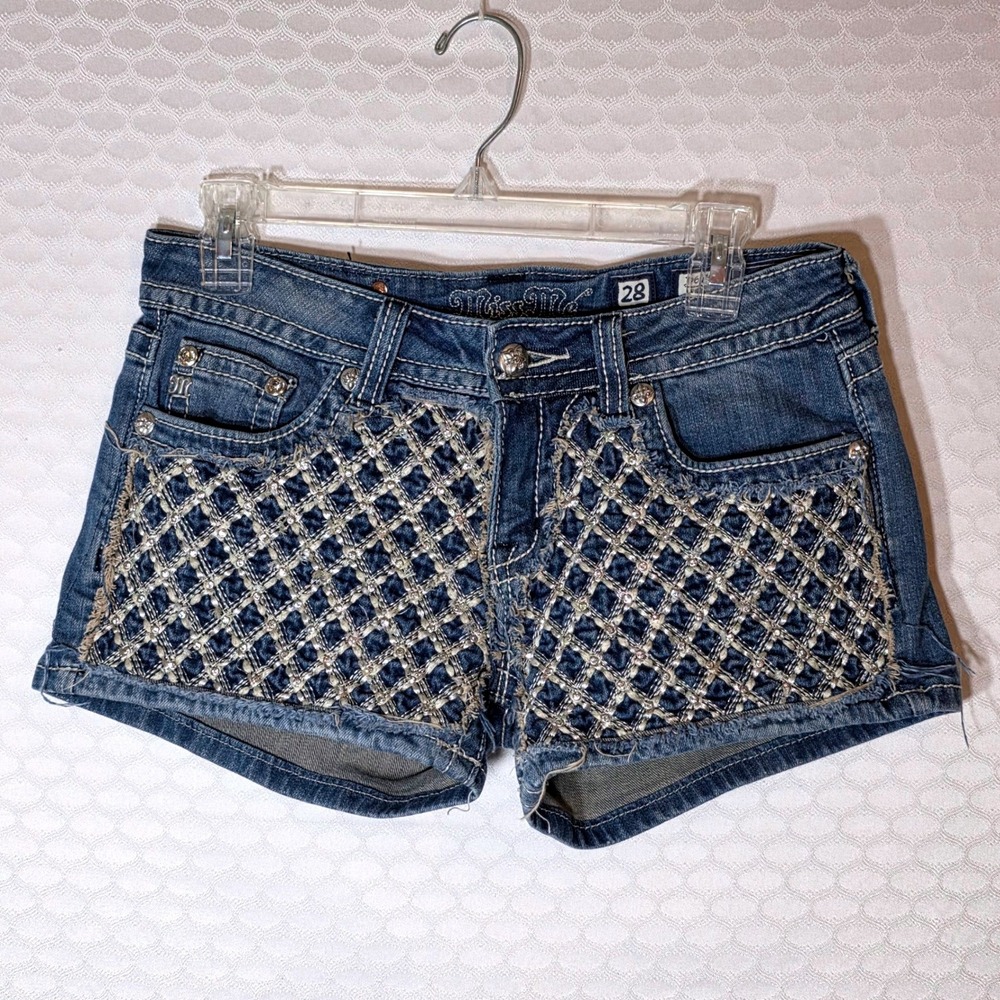 Miss Me Y2K Rhinestone Lattice Denim Shorts Medium Wash Blue 28